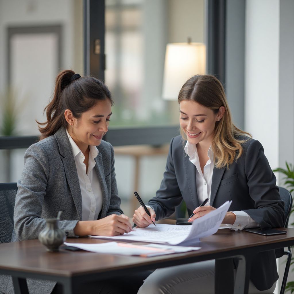 Asesor atendiendo a cliente en oficina